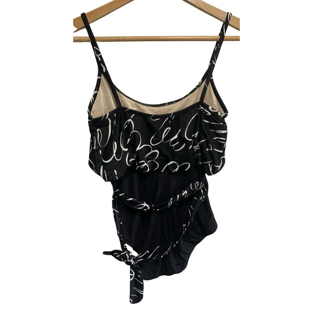 VTG 90s Robby Len One Piece Swimsuit‎ Women 10 Black White Abstract Ruffle USA